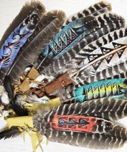 Native American Made Painted Prayer Fan with Flat Handle and Fringe